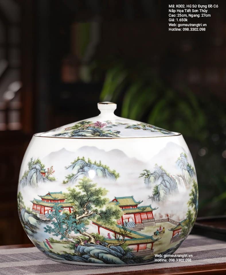 HŨ ĐỰNG ĐỒ CÓ NẮP HỌA TIẾT SƠN THỦY